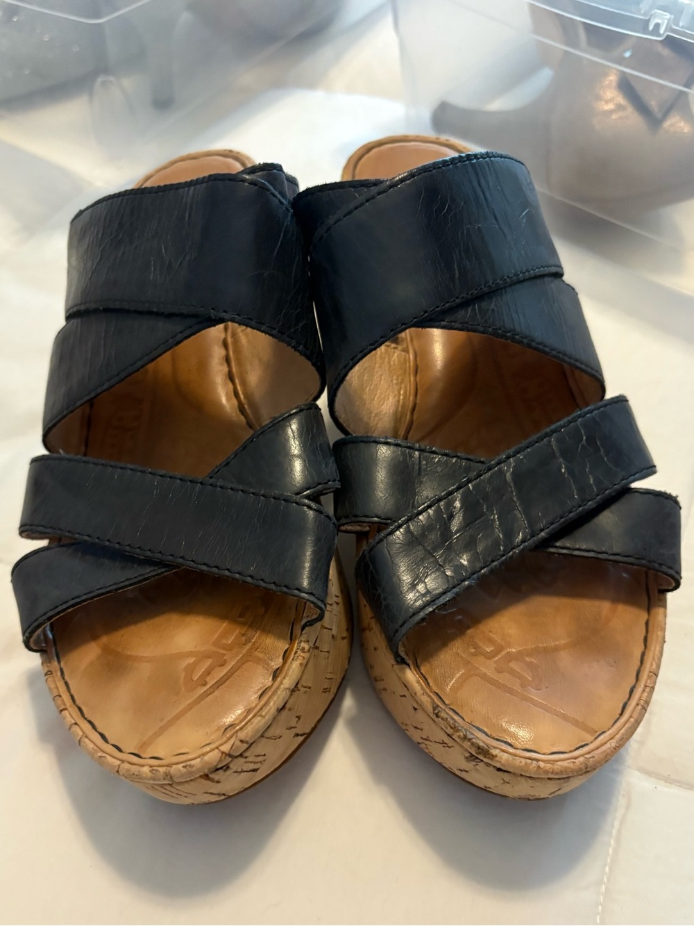 Born Women's Black Leather Slide Sandals with Cork Wedge Sz 6